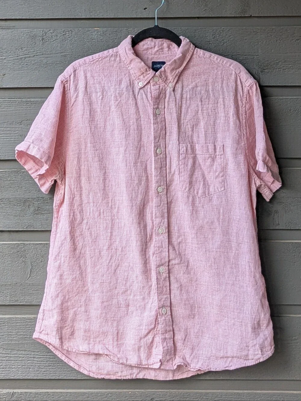 J. Crew Factory Short-Sleeve Linen-Blend Shirt Seasoned Red Houndstooth Large